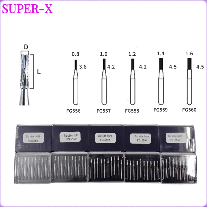 10pcs/box Dental Tungsten Carbide Burs Cross Cut Cylinder Fissure Bur Drills for High Speed Handpiece FG 556 FG 557 FG-558