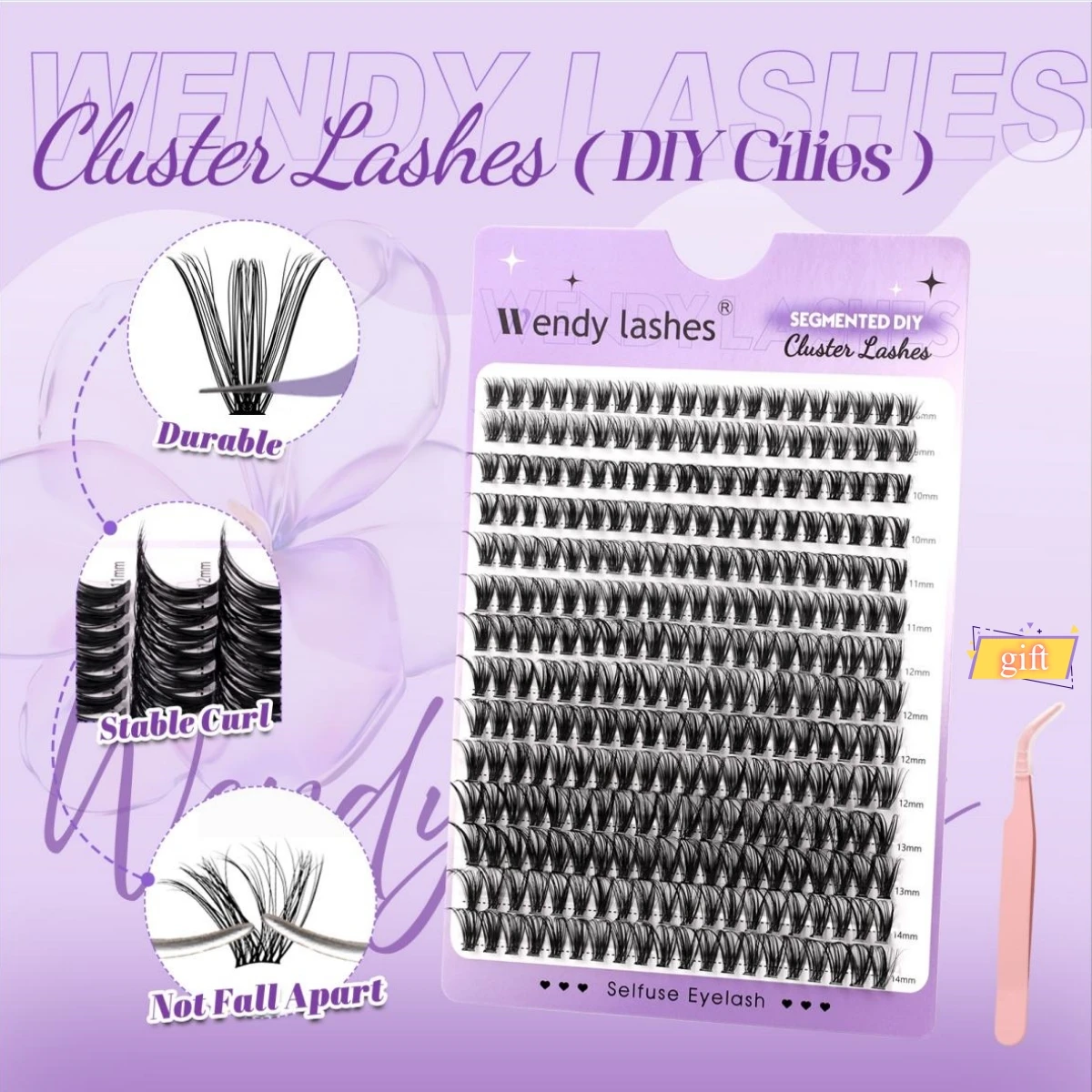 WENDY 14 Rows DIY Heat Cluster Eyelash Extensions with Tweezer Durable Waterproof False Lash Thick Volume Make-up Faux Mink Eyel