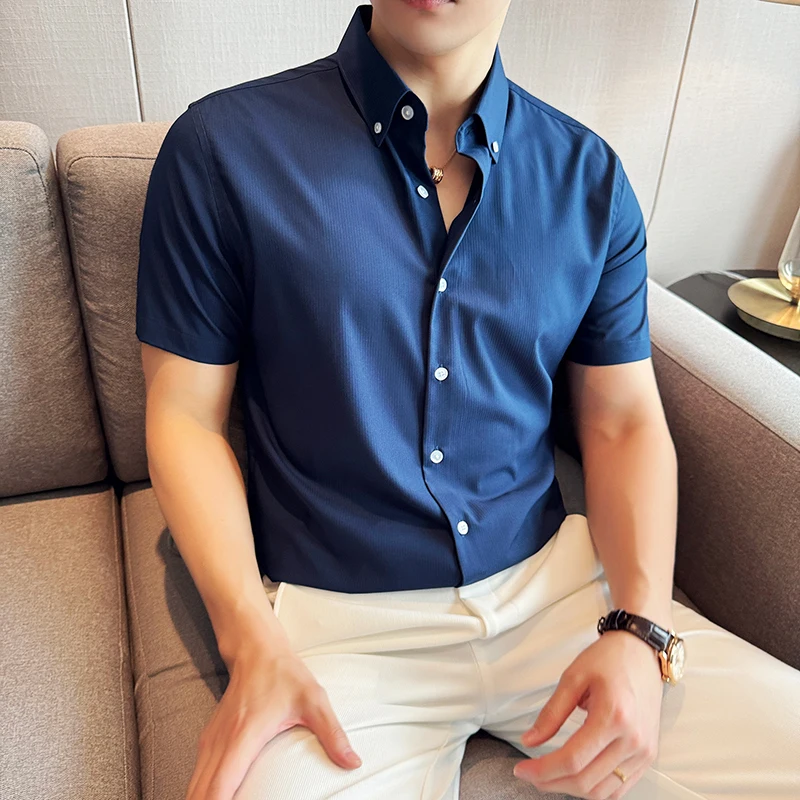 Summer Short Sleeve Shirts Men Fashion Solid Color Bamboo Fiber Breathable Casual Business Dress Shirt Royal Blue Men Clothing