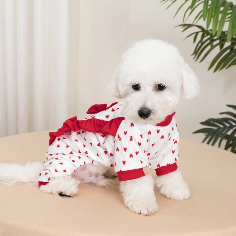 Cute Dog Bodysuits Heart Pattern 3D Bow Ruffled Four-Legged Fall Pet Pajamas Clothes for Small and Medium Dog