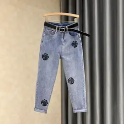 With Pockets Embroidered High Waist Shot Trousers Women's Jeans Pants for Woman Blue Streetwear Vintage Medium 90s A Summer Xxl