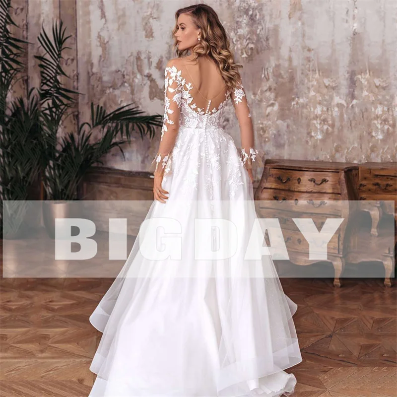 Elegante abito da sposa a-line da donna aperto sul retro con scollo a V in pizzo manica lunga spacco laterale abito da sposa in tulle abiti da noiva personalizzati