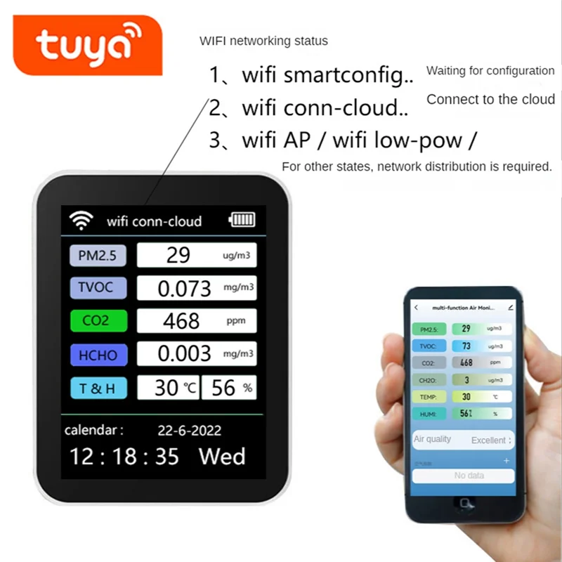 Tuya Wifi 7 In 1 CO2 Meter TVOC HCHO PM2.5 Tester CO2 Sensor Formaldehyde Gas Detector White