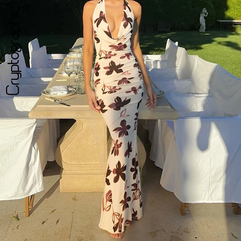 

Cryptographic Sexy Backless Halter Draped Maxi Dress for Women Party Club Outfits Elegant Sleeveless Floral Dresses Ruched Gown