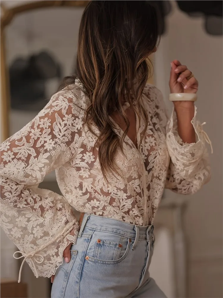 

Spring Summer Thin Sexy See Through Chic Lace Shirts & Blouses Women Long Sleeve Leace-up Single-breasted Fashion Ladies Blouses