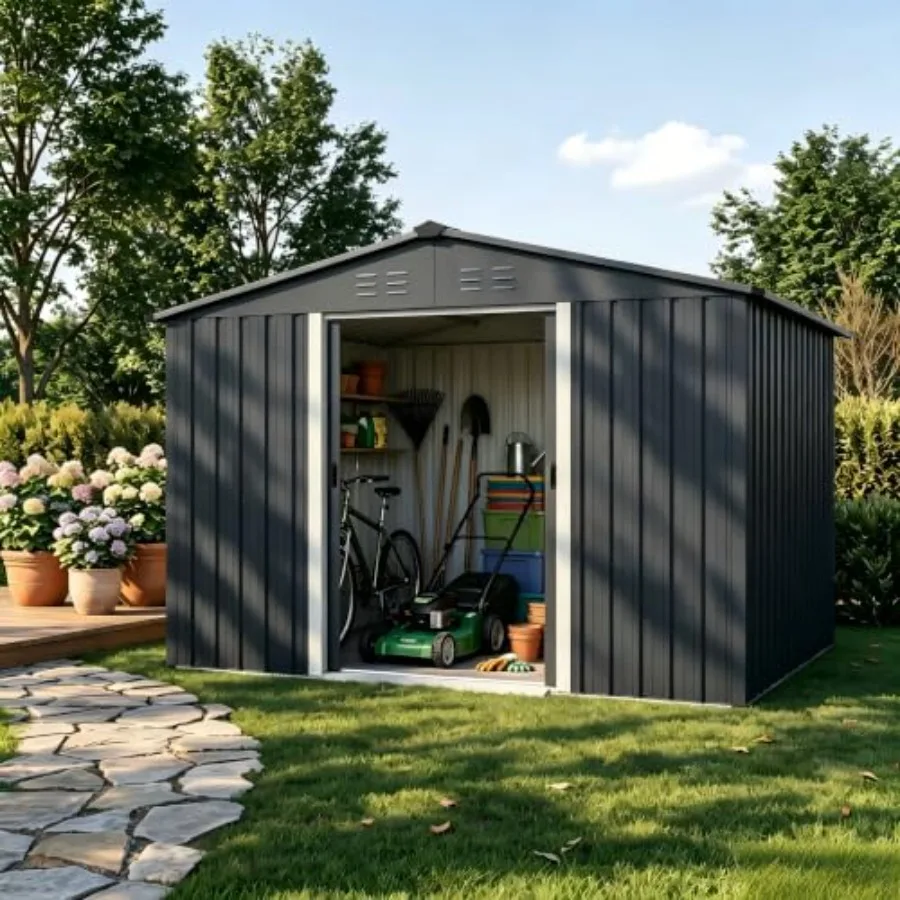 Outdoor Vented Backyard Garden Storage Shed 6X8 Feet Tool House with Double Doors Outdoor Lawn Steel Roof Sheds Grey