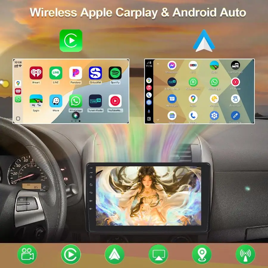 ستيريو سيارة فردي مع Apple Carplay لاسلكي، راديو FM للسيارة بلوتوث 5.2، 1024600 IPS شاشة كبيرة تعمل باللمس، Android Auto،