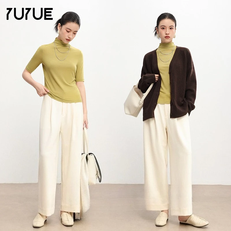 

Yuyue's Autumn Semi-high-neck Mid-sleeve Wool Sweater Slim Slimming Women's Base Shirt, 35% cotton+30% wool