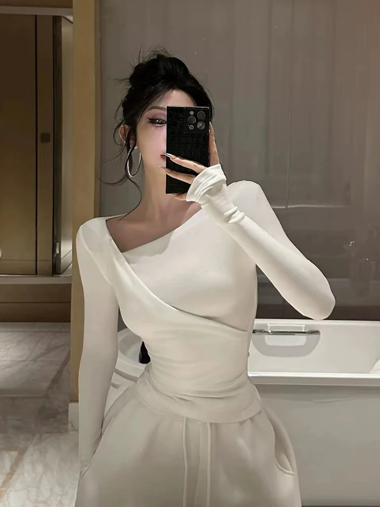 

Женская повседневная футболка XZY Slim Fit с длинным рукавом, больших размеров, с дизайнерскими вырезами на плечах, базовая, весенняя, простая, для отдыха