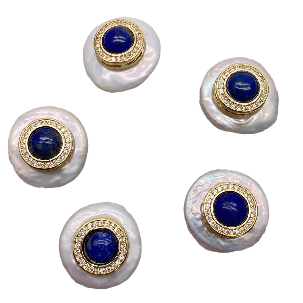 5 Pcs Freshwater White Coin Pearl Blue Lapis Cz Pave Beads Finding Jewelry Making