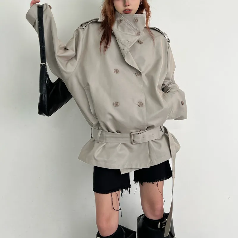 HKSH ربيع الخريف جديد المرأة خندق معطف مزدوجة الصدر الوقوف طوق حزام الخصر Cinching خمر سترة قصيرة أنيقة HK14436