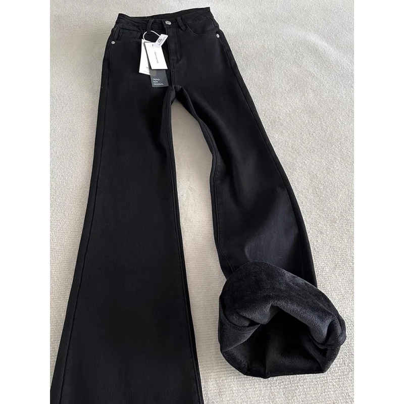 Y2K-pantalones vaqueros holgados informales para mujer, pantalones vaqueros holgados con cintura elástica suave, forro polar térmico para invierno, ajuste cómodo