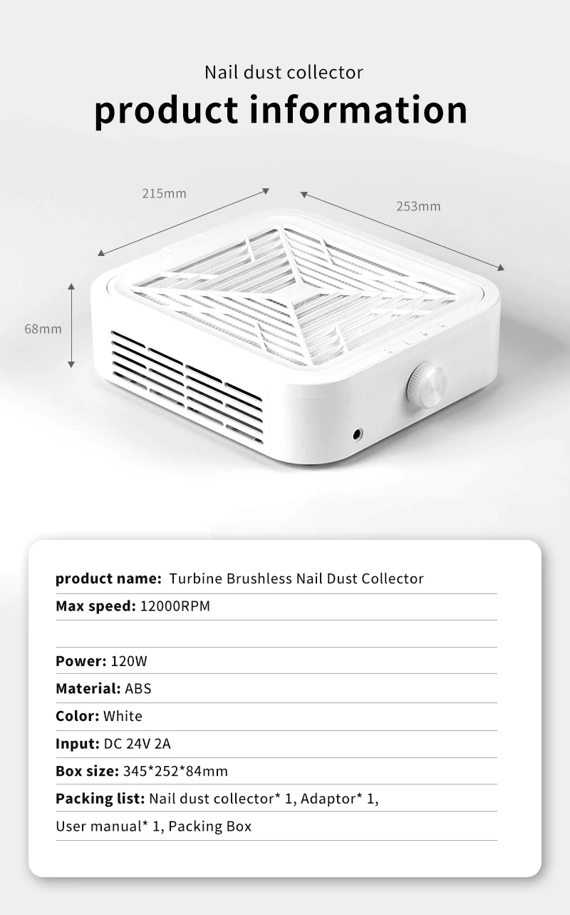Nowy odkurzacz do pyłu paznokci 120W, cichy, 12000 obr./min, turbo, bezszczotkowy, do manicure, z wyjmowanym filtrem.