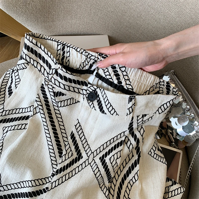 Nieuwe Retro Katoen Linnen Wijde Pijpen Broek Voor Vrouwen Zomer Mode Gestreepte Print Hoge Taille Losse Lange Broek Casual Veelzijdige Broek