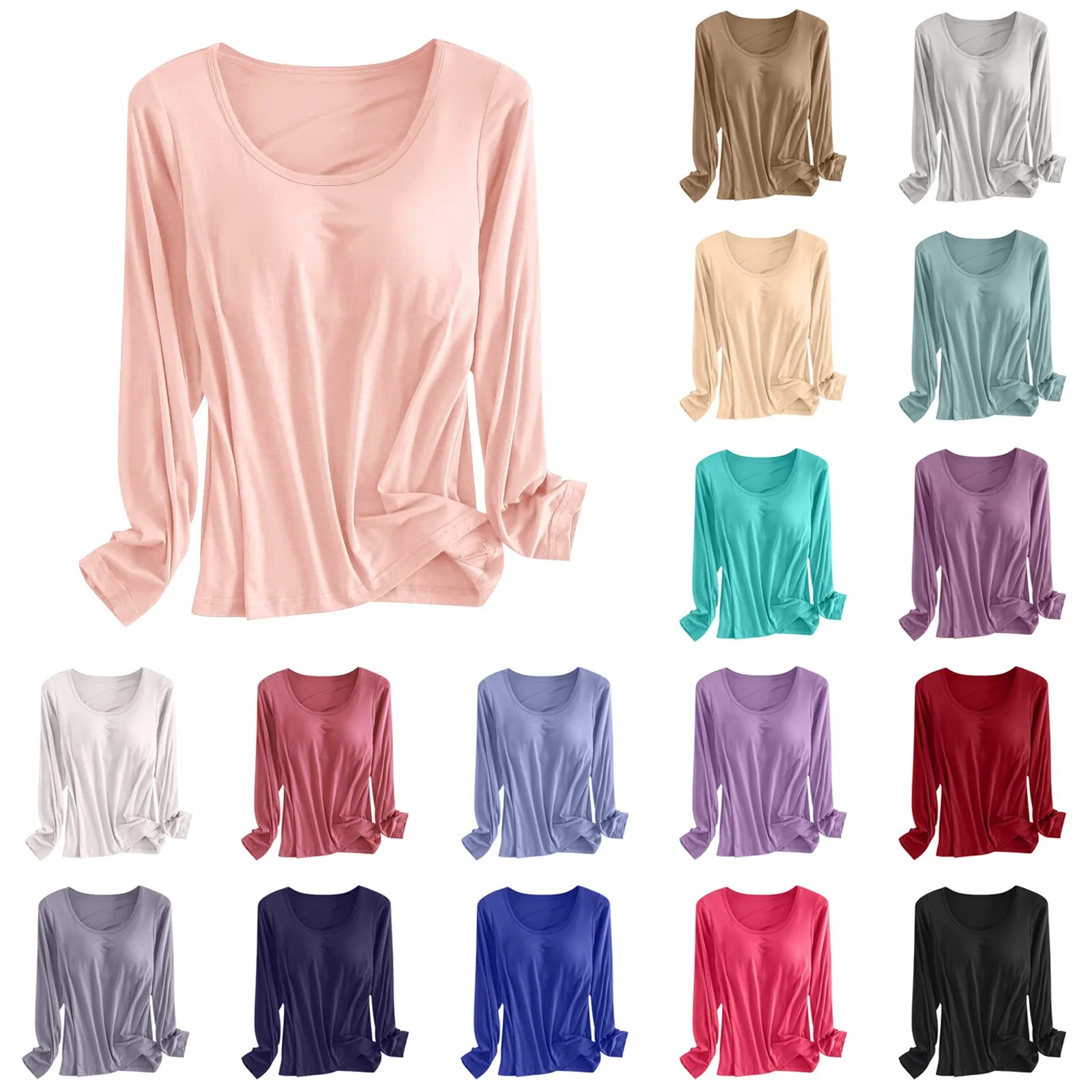 Ladies Autumn Winter Modal Long Sleeves Shirt With Chest Pad Two-In-One Yoga Lingerie Bottoming Underwear With Built In Bra