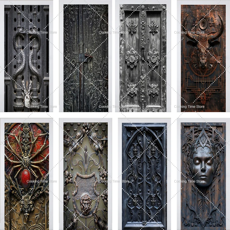 3D self-adhesive ironwork door stickers vinyl waterproof decals Metal animal relief door wallpaper for living room decor sticker