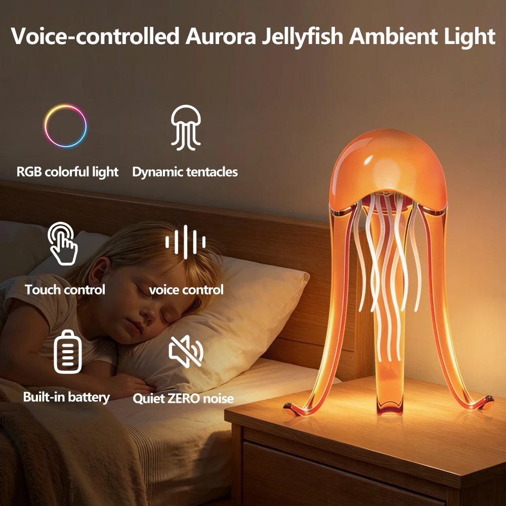 2026 Latest Voice-Controlled Jellyfish Lamp, Floating & Flexible Touching Feet, Colorful Gradient Sensing Lamp,Atmosphere Light