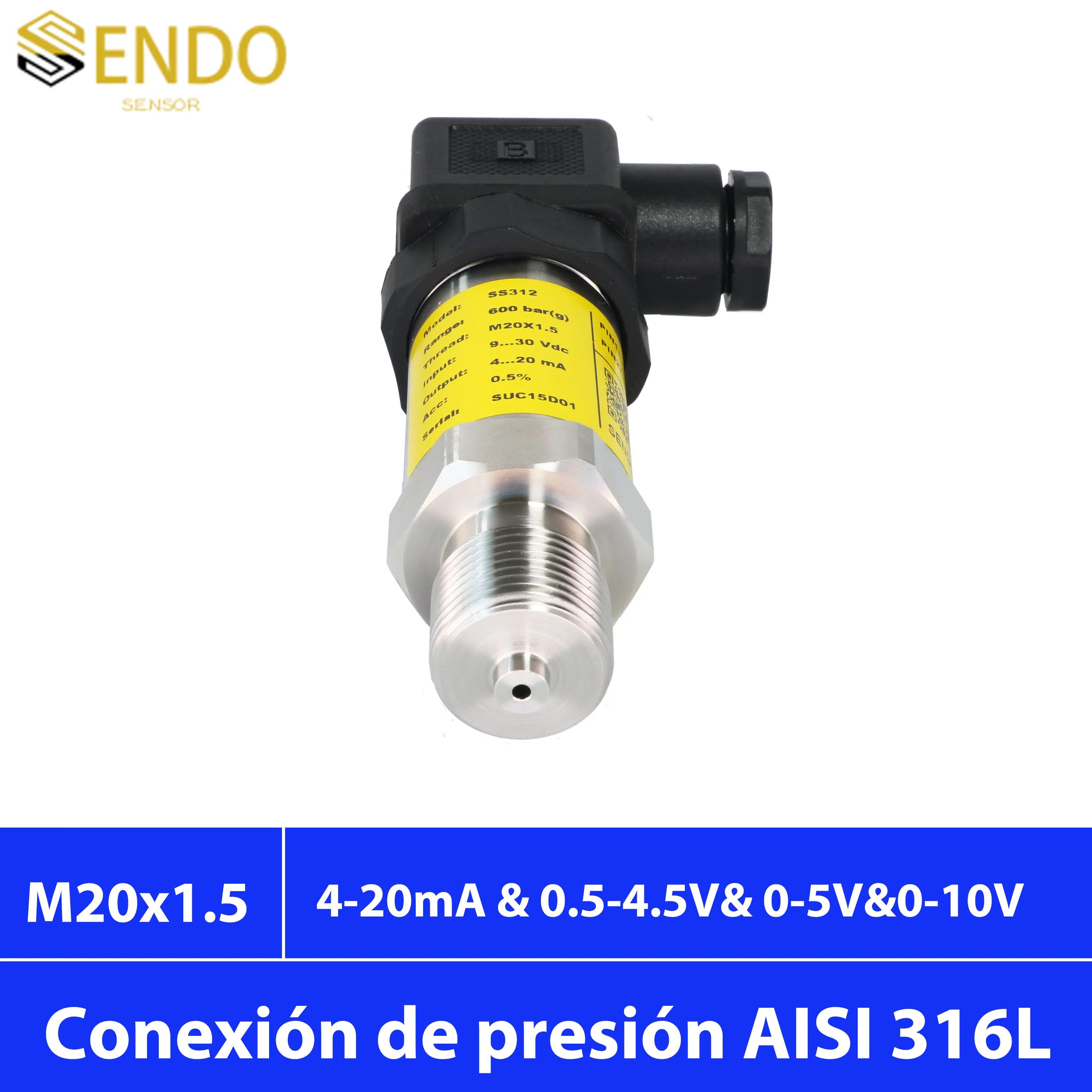 Transmisor de sensor de presión 4 a 20 mA señal 0 a 5V 0 a 10V 0.5 a 4.5V M20x1.5 rosca 0 a 10 bar 1 mpa 0 a 150 psi 6 bar 40 100kpa 16mpa 250 bar 40 mpa 700mbar relativa IP65 Agua gas aceite diafragma de AISI 316L