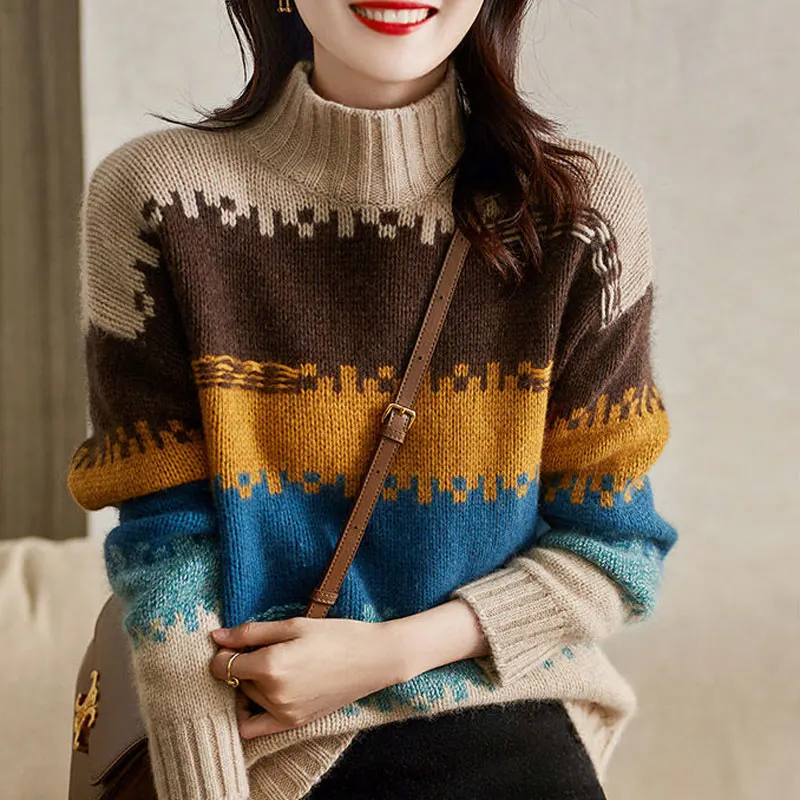 Korean Color Striped Knitted Jumpers Autumn Winter Long Sleeve Female Clothing Casual Half High Collar Commute Loose Sweaters