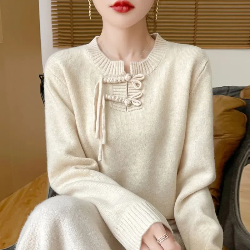 جديد النمط الصيني مشبك متماسكة سترة للنساء في الخريف والشتاء جولة الرقبة فضفاضة سترة عصرية تنوعا قاعدة ارتداء