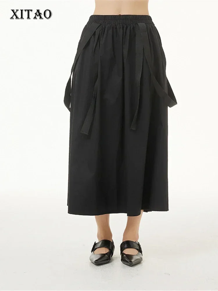 

XITAO Black Skirt Fashion Irregular Pleated Goddess Fan Elastic Waist Patchwork Small Fresh 2025 Summer Minority Skirt WMD6603