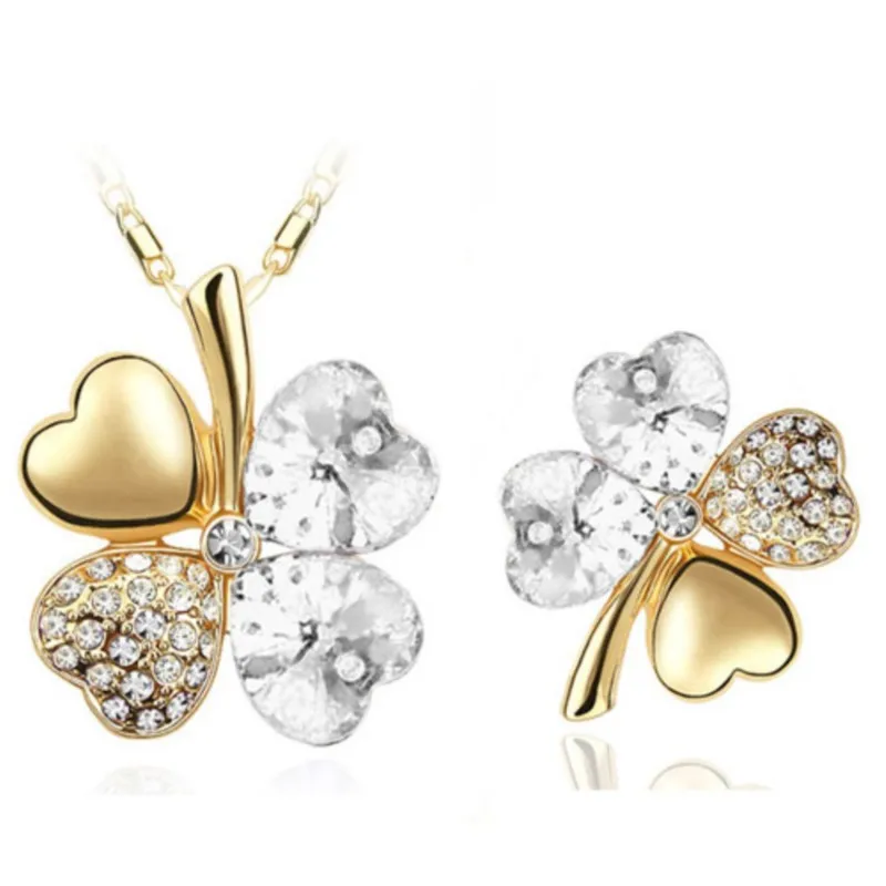 quality Crystal Clover 4 leaves charm Pendant fashion Necklace Brooch fashion jewelry sets dropshipping office lover girls gifts