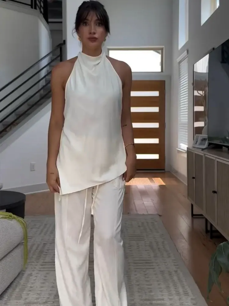 Eleganckie damskie komplety spodni z asymetrycznym topem typu halter bez pleców, spodnie z szerokimi nogawkami i sznurkiem, stroje biurowe dla kobiet.