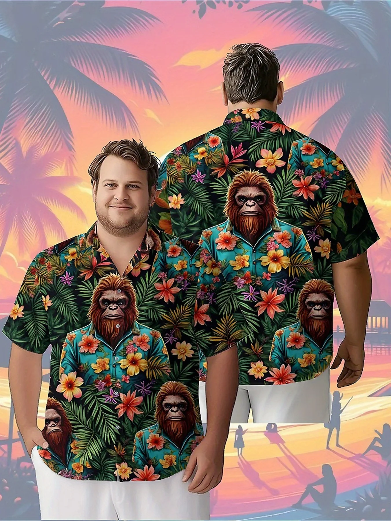 

Men's Plus Size Hawaiian Shirts Gorilla and Tropical Flowers pattern,Unisex Baggy Aloha Shirts,summer Alternative Clothing