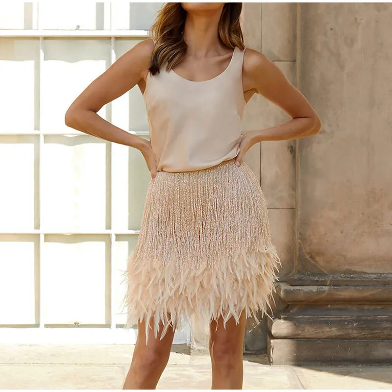 2022 Sexy Fringe Feather Vest Skirt Set Women Solid Tank Sheath Hip Package Mini Skirts Female Party Club Tassel Outfits