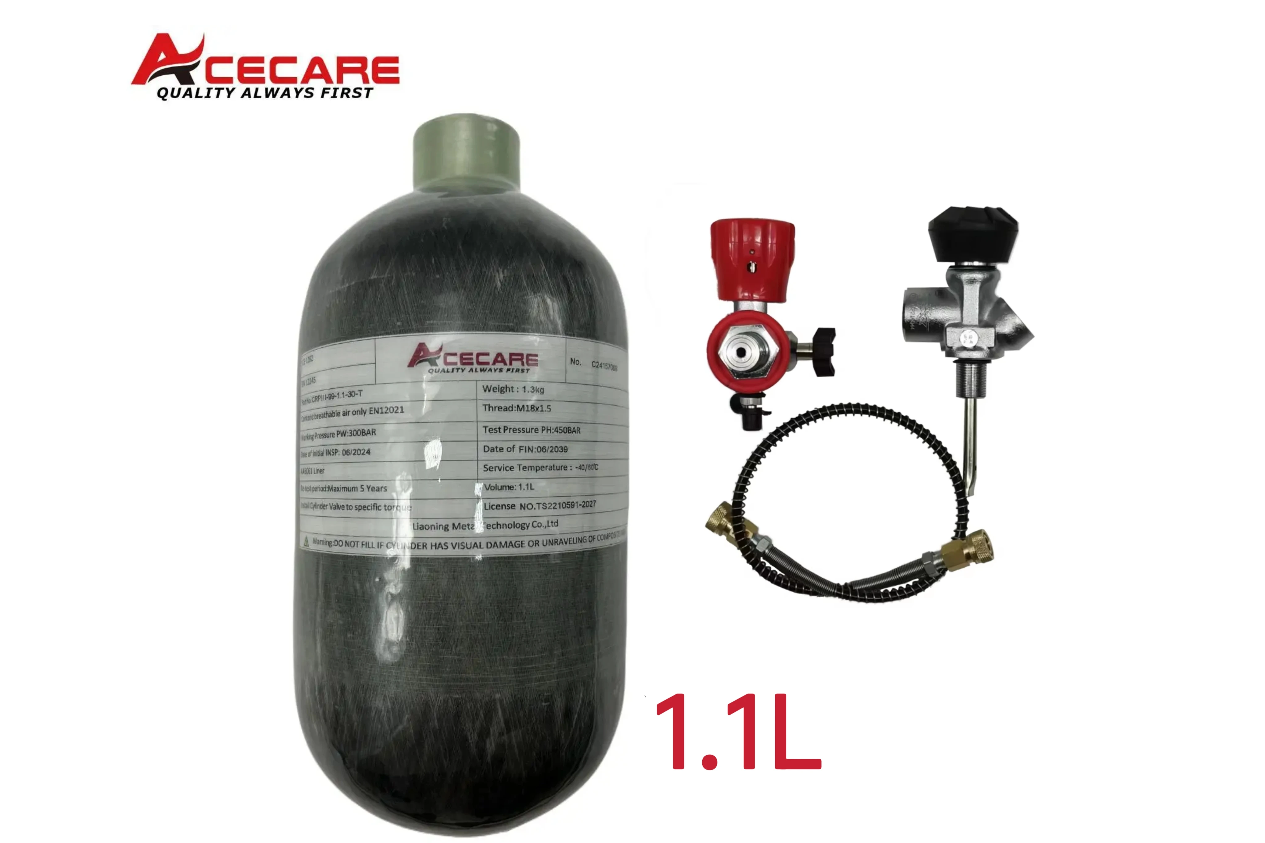 

ACECARE 4500Psi 300Bar 1.1L Цилиндр из углеродного волокна Воздушный бак высокого давления с зарядной станцией HPA Заправочная станция для дайвинга M18 * 1,5