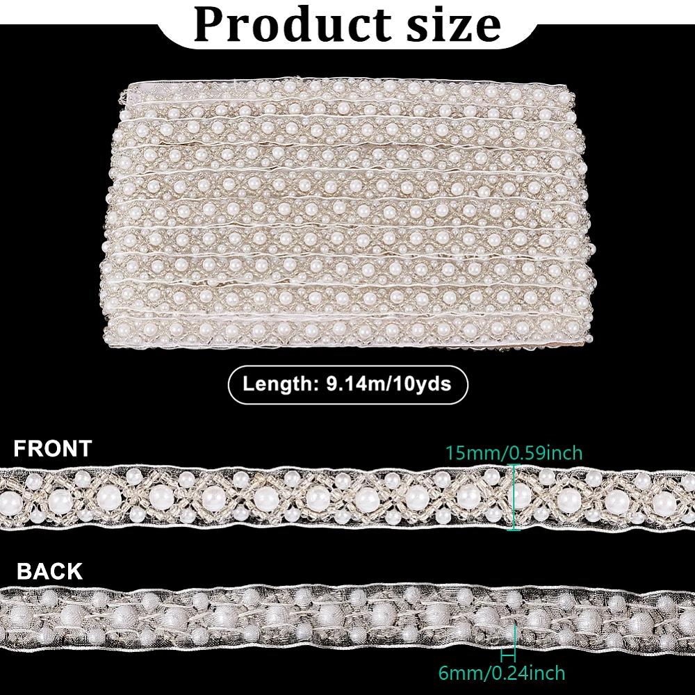 10 Yards Pearl Beaded Trim 0.6 Inch Wide Plastic Pearl Bridal Lace Ribbon Trimming Edge Straps for Wedding Dress Sewing Applique