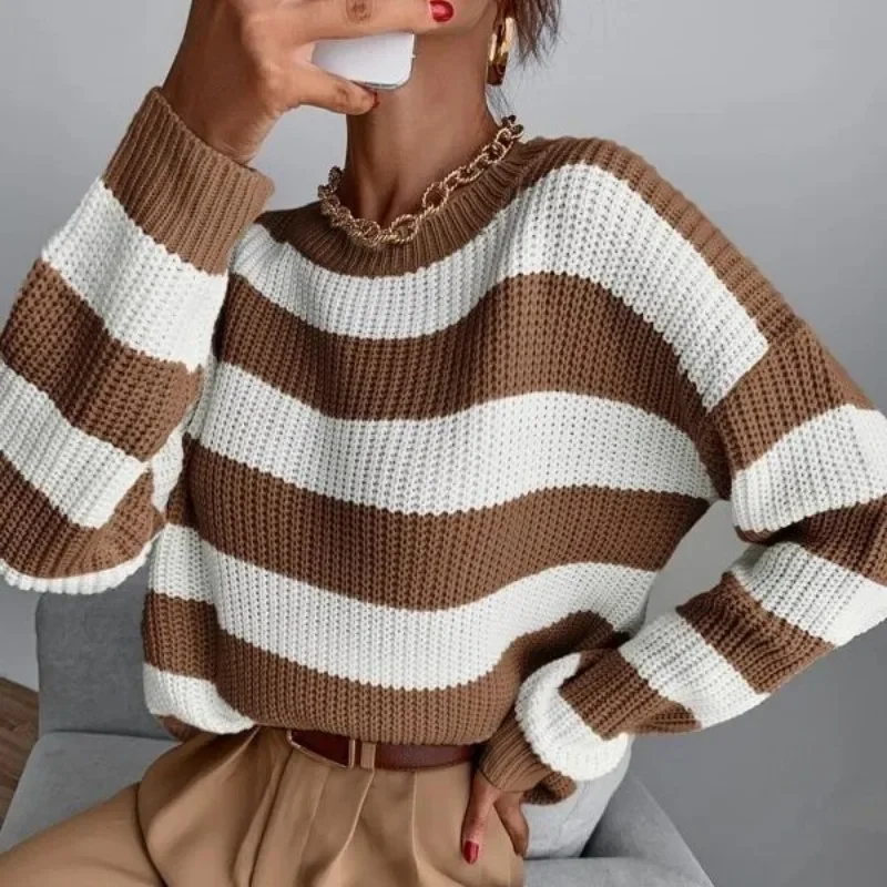 New Autumn & Winter Personalized Versatile Women Clothes Knitted Pullover Temperament Commuting Women's Striped Loose Sweater