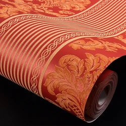 Luxury Damask Striped Wallpaper Red Floral Non Woven Wall Paper Roll Flocking American Wall Cover Living room Bedroom Decor