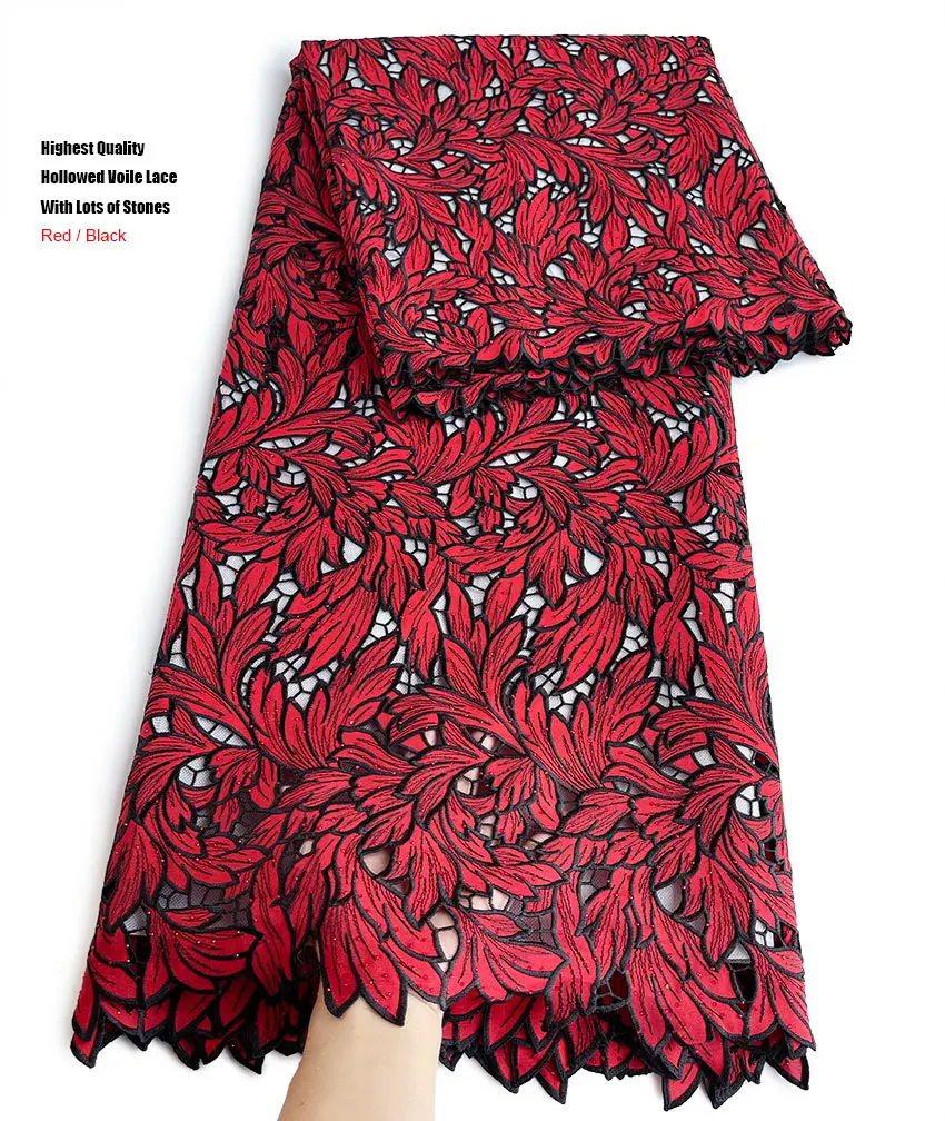 Red Black Hollowed African Lace With Czech Stones Highest Quality Korea Voile Cord Fabric Inspired Dubai Nigerian Gown Cloth