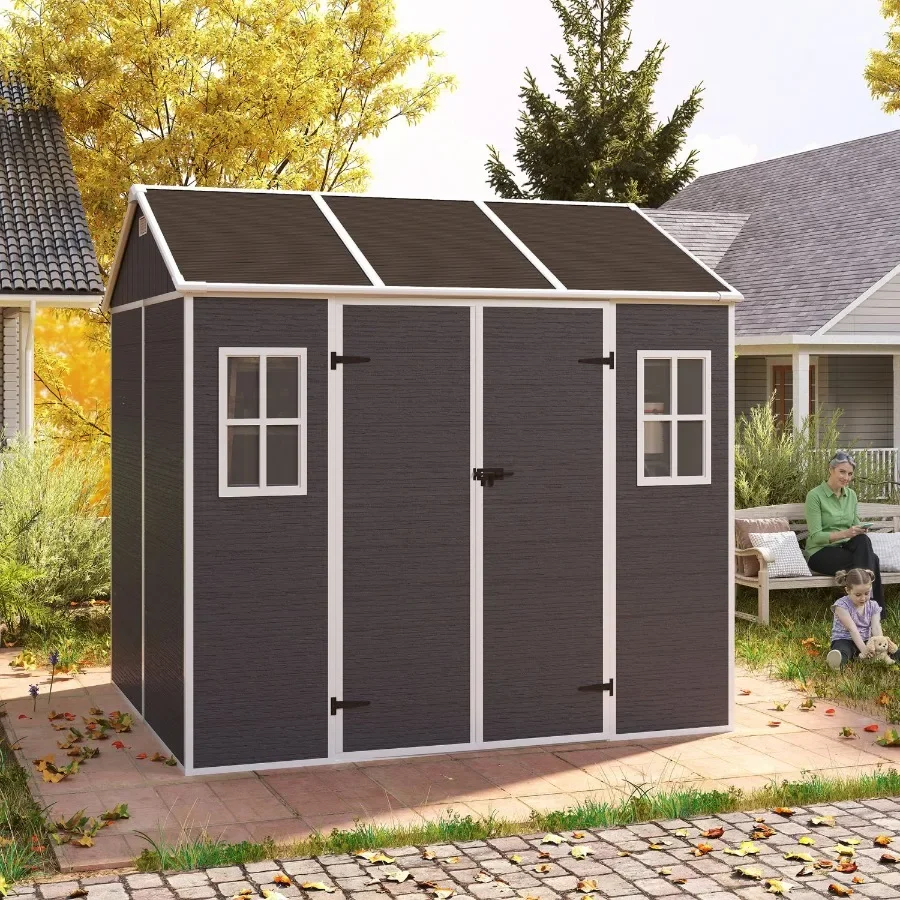 

8*7ft Outdoor Storage Shed Outdoor Resin Shed with Two-Window and Double-Door Plastic Shed with Floor for Garden Patio Yard Law