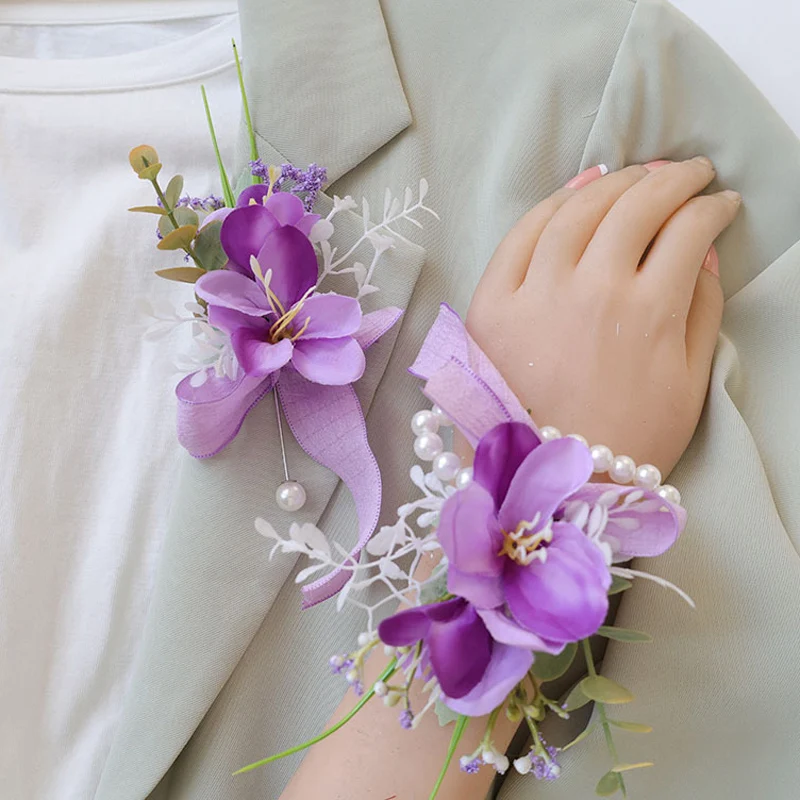 

25029 Purple Bohemian Rose Flower Boutonniere and Wrist Corsage Perfect for Brides Groomsmen and Wedding Decorations