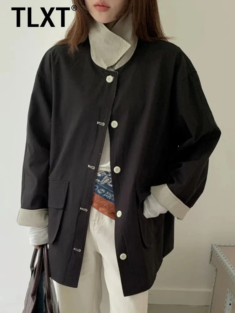

TLXT Fashion Women's Reversible Jacket Casual Chic Retro Color Contrast Outerwear Long Sleeve Button Down For Fall 2025 New