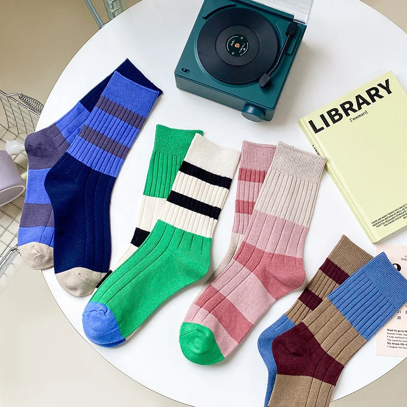 2/4 Pairs New Color Matching Long Socks Spring And Summer Striped Contrasting Color Mid-tube Casual Socks Asymmetric Ab Socks