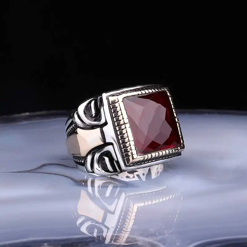 Silver Square Faceted Claret Red Stone Men's Ring - 925 Sterling Men's Jewelry Wedding Birthday Gift - Box - Stone - For Men - Fashion - Botiva - Size - Turkish - Patterned Embroidery