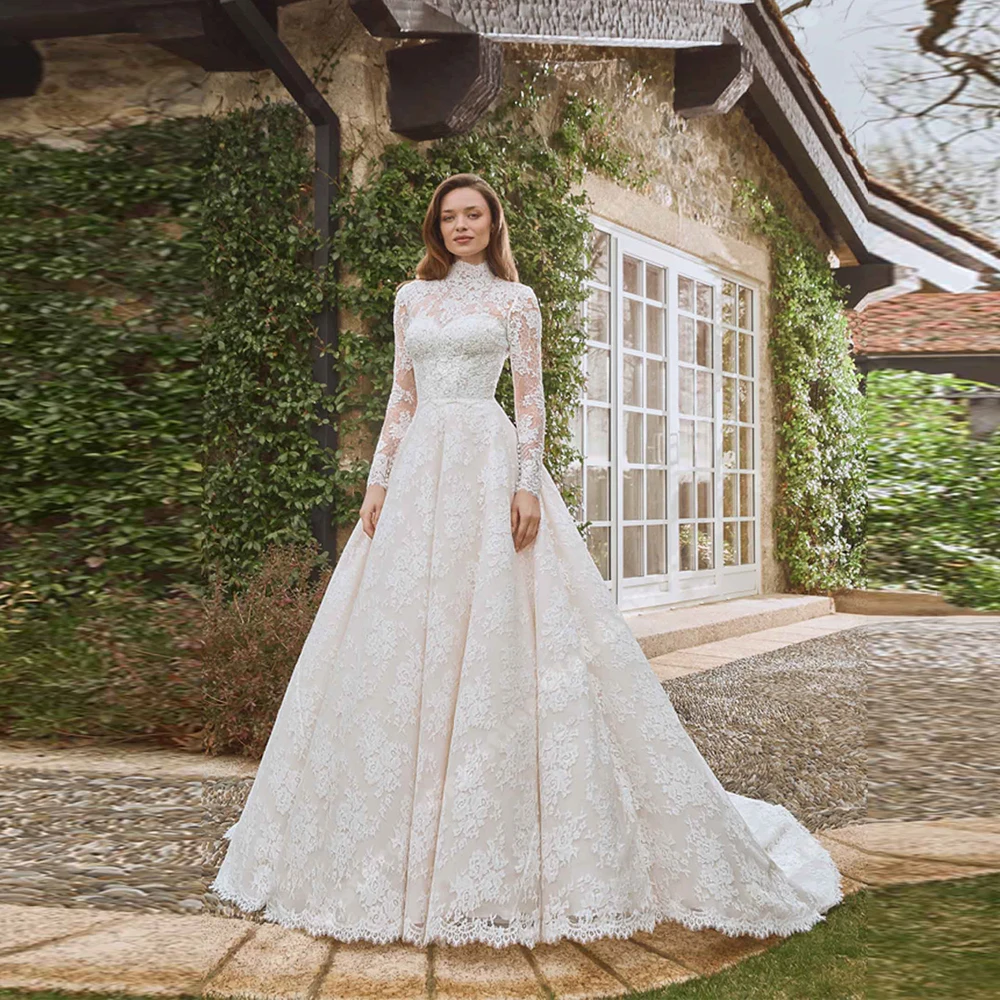 Modern A-Line Women Wedding Dresses High Collar long sleeves Lace Appliques Bridal Gowns Banquet Vestidos De Novias Customized