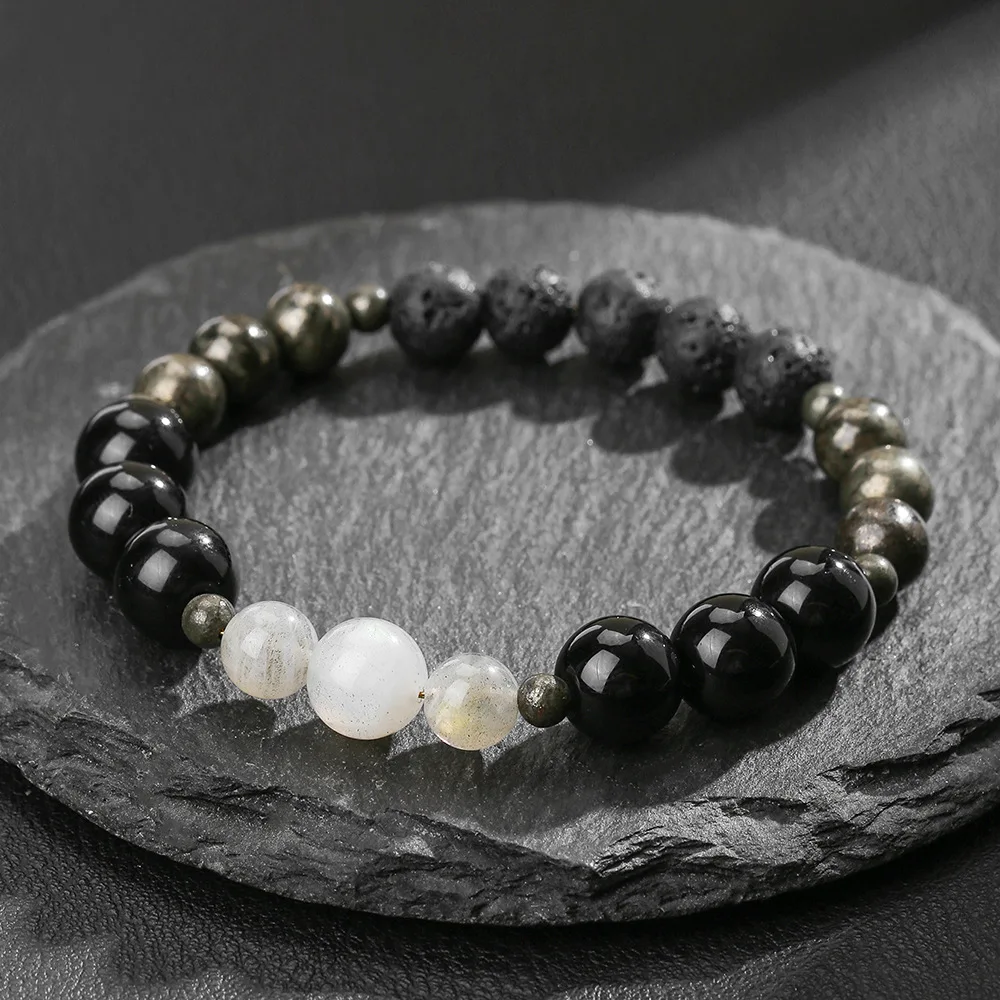 Chinese Style Lucky Fortune Blessing Beaded Bracelet For Men Natural Lava Rock Pyrite Black Onyx Moonstone Elastic Stretch Feng