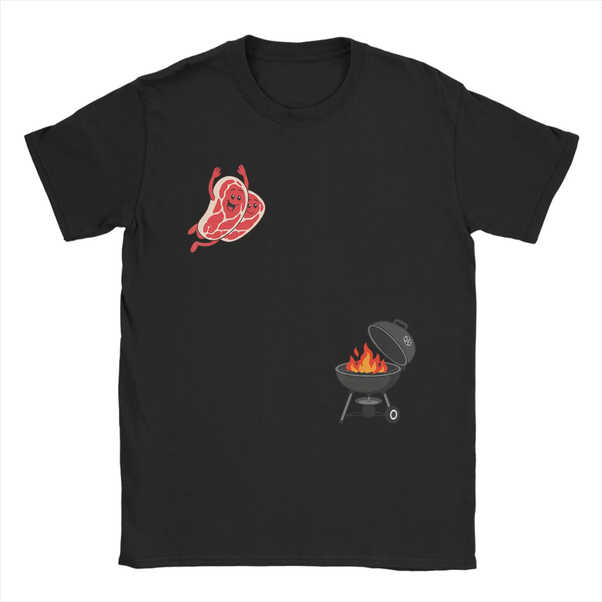 Men's BBQ Steak Meme Cute Meat Jumping Into Grill T Shirts  100% Clothes Vintage Short Sleeve Crew Neck Tee Shirt Summer T-Shirt