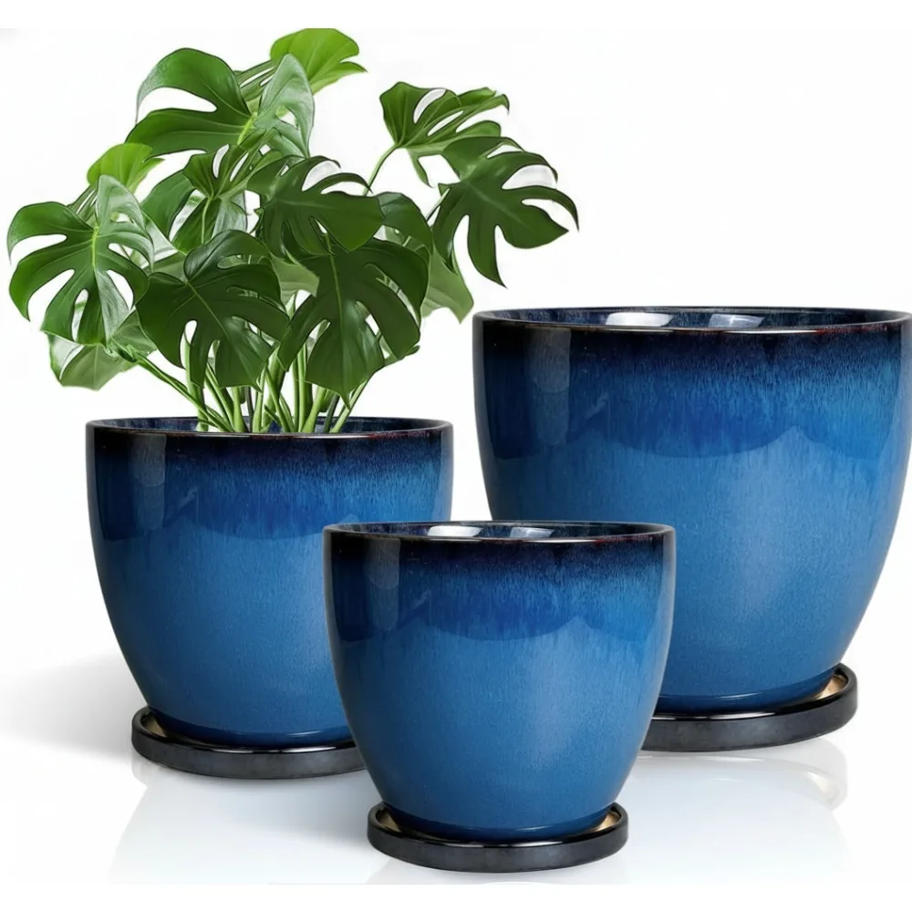 

Набор из 3 керамических горшков для растений с блюдцами — современные горшки 10/8/6 дюймов для декора сада в помещении и на открытом воздухе, синие