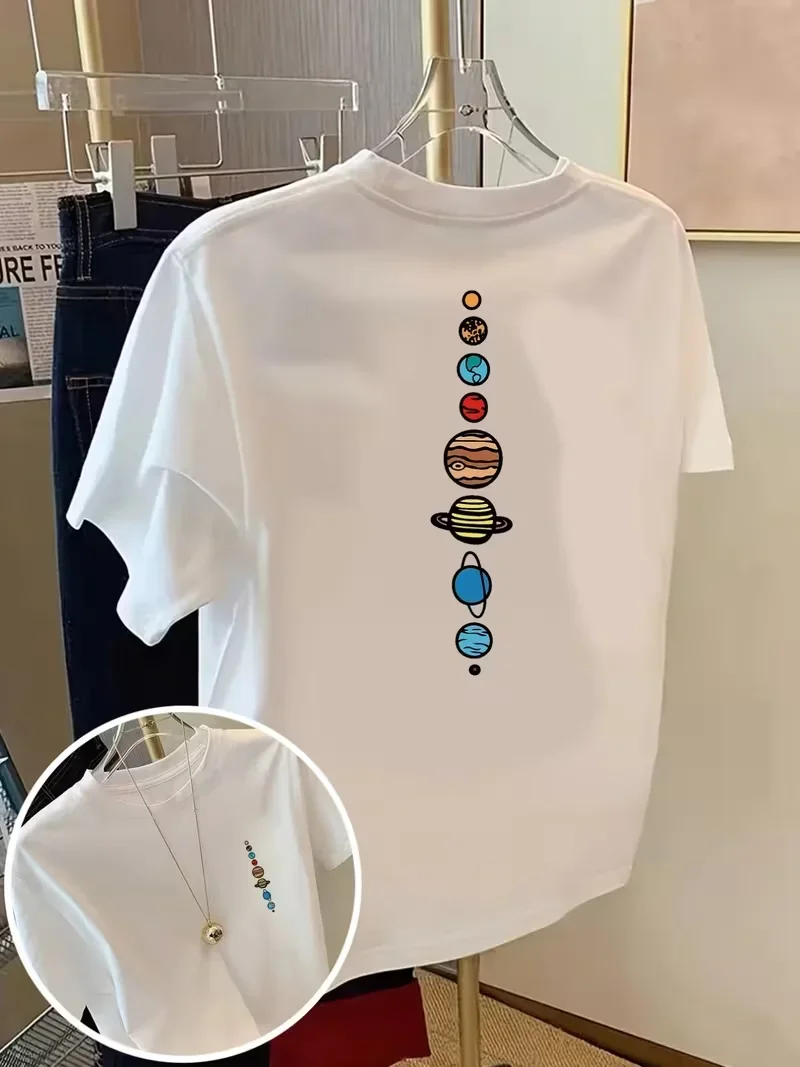 Vintage Solar System Eight Planets Galaxy Graphic T-Shirt, Casual Round Neck Tee For Daily Dating Party Holiday Street Wear