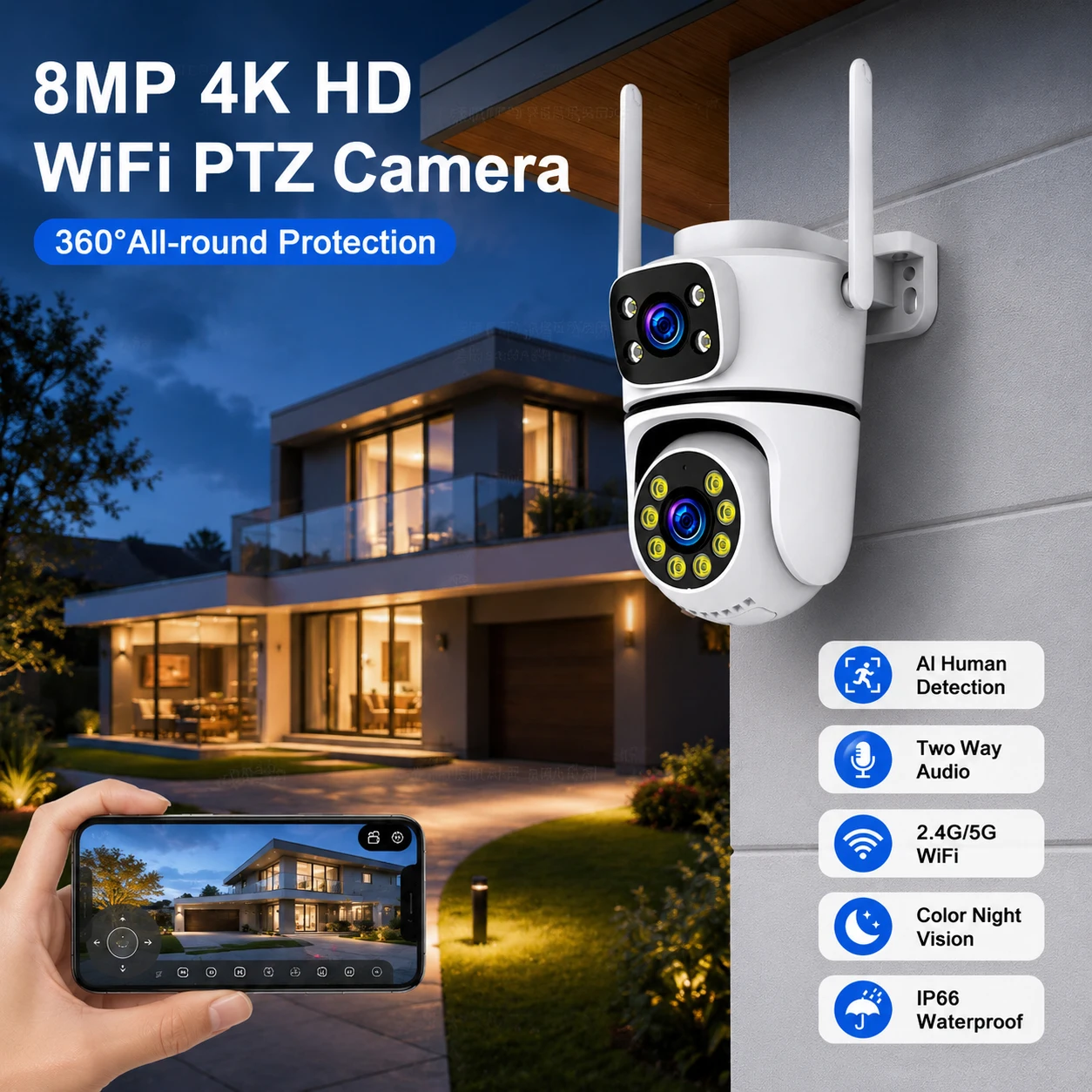 ANSVICAM 10MP 5K Dual-Lens PTZ Camera - 5G WiFi Outdoor IP Cam with Human Detection - Tuya Wireless Home Security CCTV