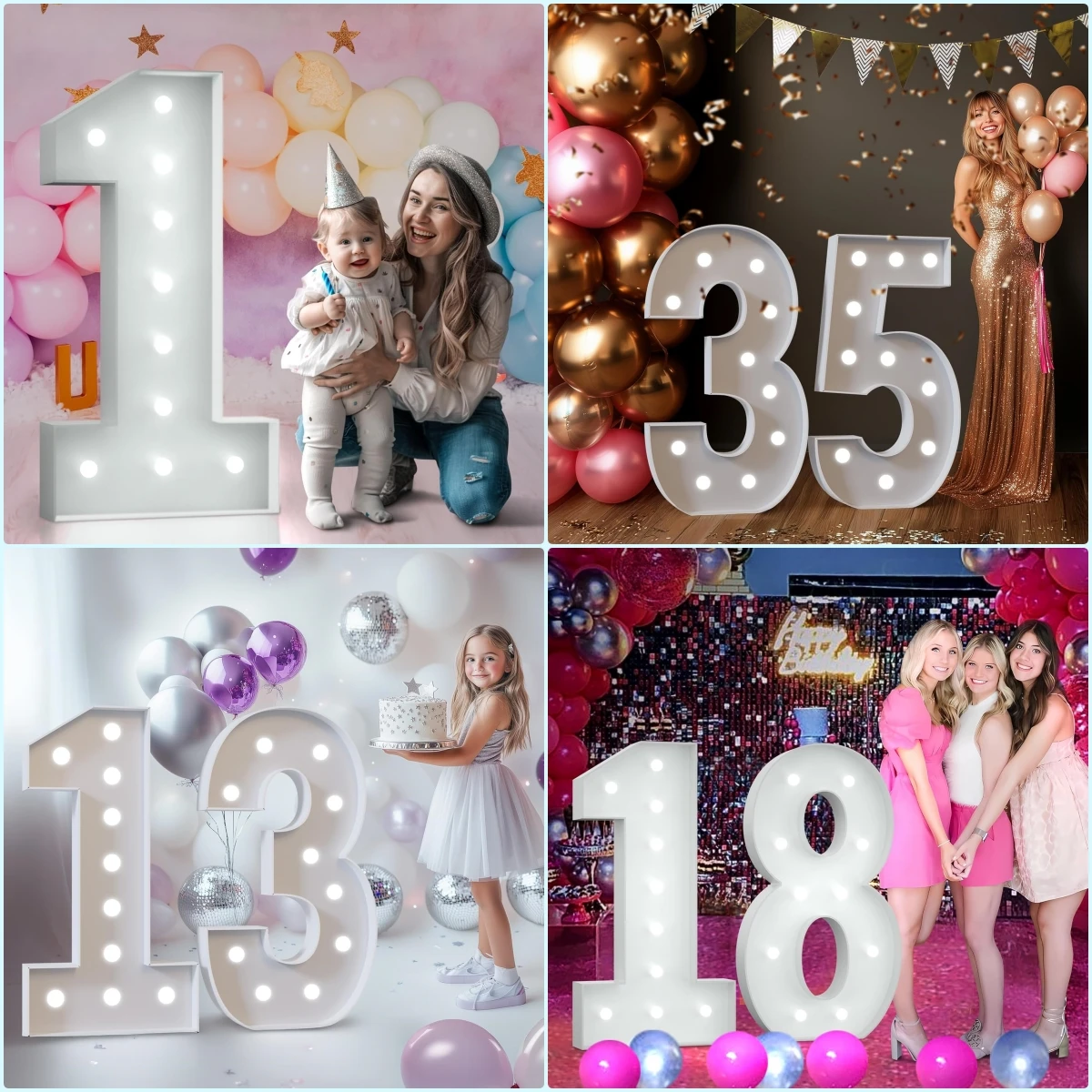 4FT Cool White Light Up Marquee Numbers Large Cardboard Numbers Giant Foam Mosaic Numbers For Birthday Wedding Party Decor