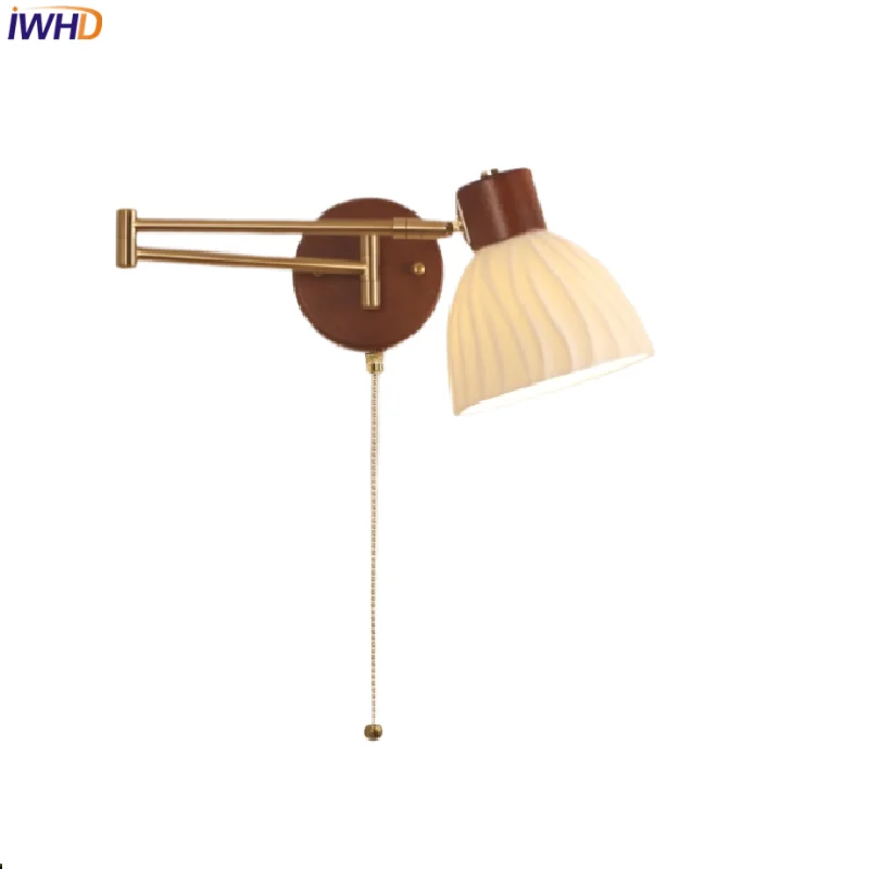 

IWHD Pull Chain Switch LED Wall Lamp Sconce Coffee Hotel Bedroom Walnut Wood Nordic Art Cermaic 360° Rotate Stair Light Fixture