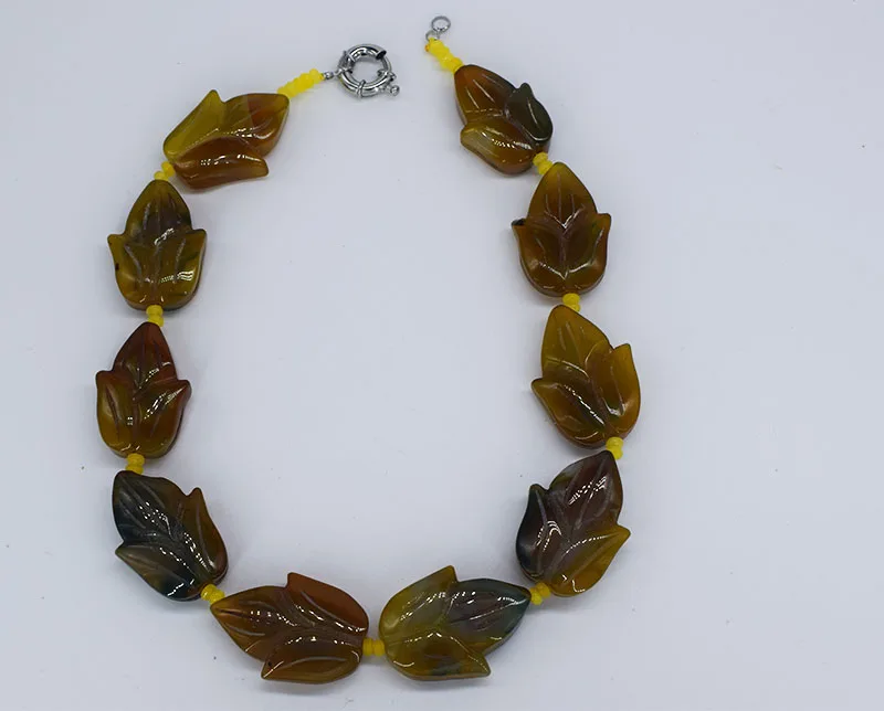 yellow green agate carved leaf necklace 30-36mm 43cm nature wholesale bead FPPJ