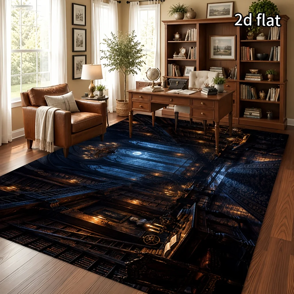 1pc Vintage Dark Gothic Area Rug, Ancient Castle Dome & Candelabra Pattern, Machine Washable, Non-Slip, for Living Room