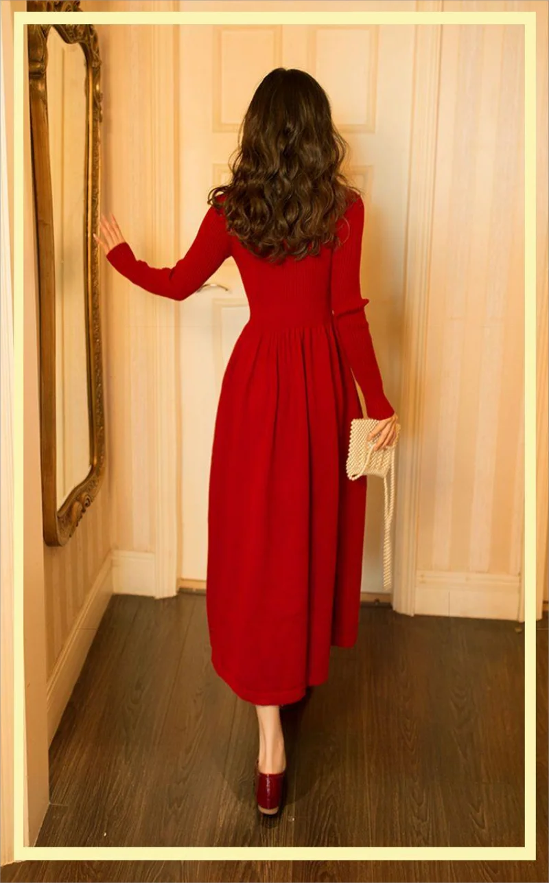 French Vintage Elegant Sweater Dress Women Winter Long Dress 2023 Autumn New Red Knit Women's Dress Over-the-knee Dress